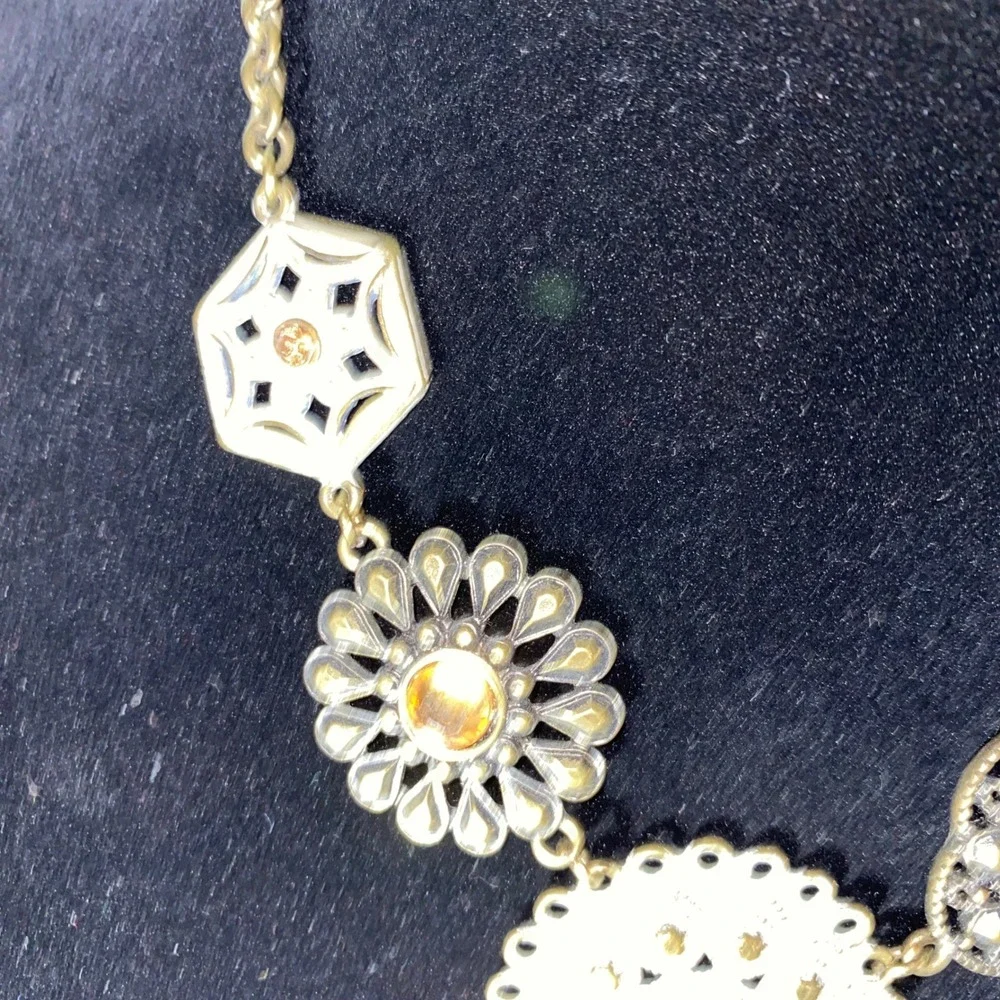 Statement Necklace Gold Tone Geometric Floral Amber Rhinestone Pendant‎ Choker